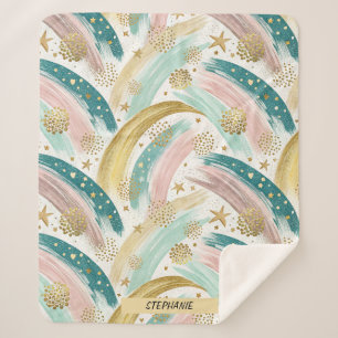 Whimsical Rainbow Pastel Abstract with Gold Stars Sherpa Blanket