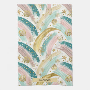 Whimsical Rainbow Pastel Abstract with Gold Stars Tea Towel
