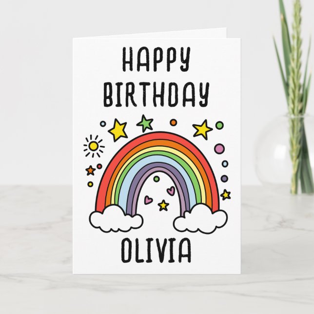 Whimsical Rainbow Personalised Girls Birthday Card (Front)