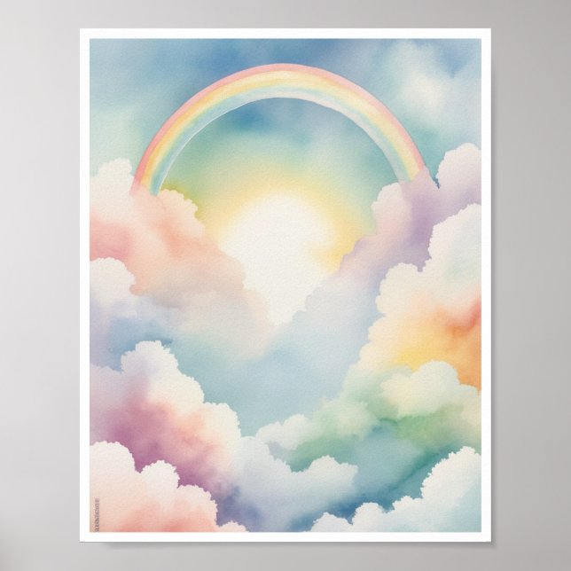 Whimsical rainbow shape pastel sky fluffy clouds poster (Front)