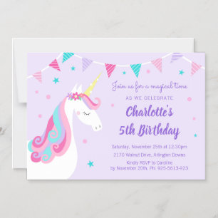 Whimsical Rainbow Unicorn 5th Birthday Purple Magnetic Invitation