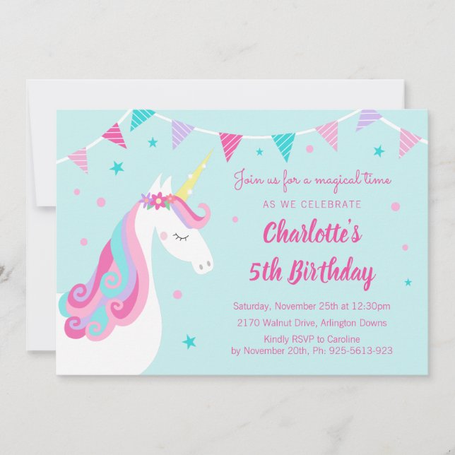 Whimsical Rainbow Unicorn Aqua 5th Birthday Invitation (Front)
