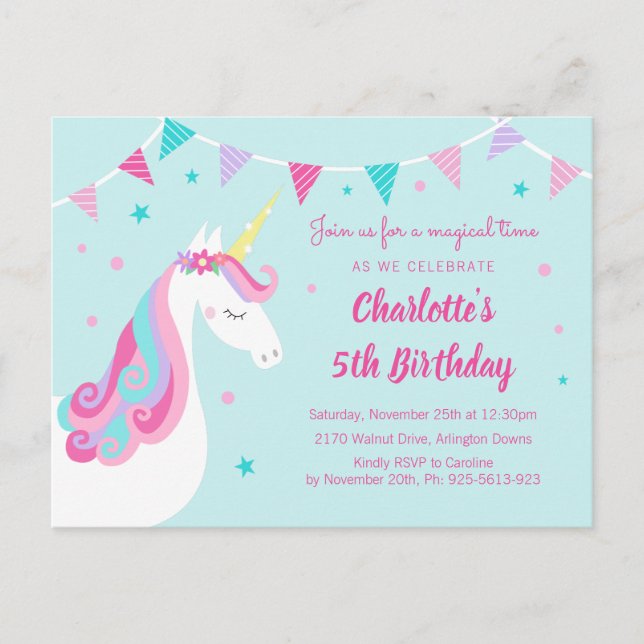 Whimsical Rainbow Unicorn Aqua 5th Birthday Invitation Postcard (Front)