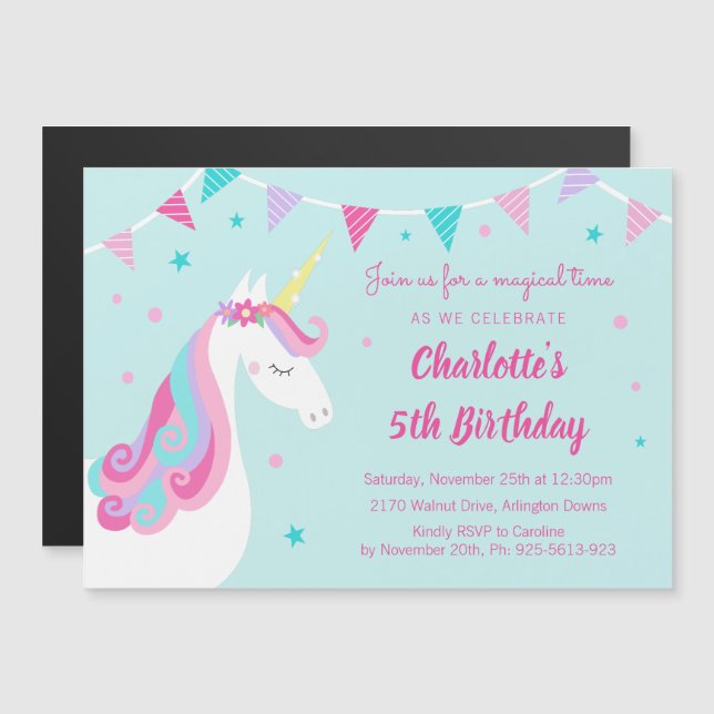 Whimsical Rainbow Unicorn Aqua 5th Birthday Party Magnetic Invitation (Front/Back)