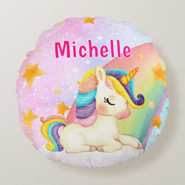 Whimsical Rainbow Unicorn Girl's Name Room  Round Cushion (Front)
