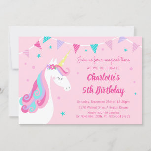 Whimsical Rainbow Unicorn Pink 5th Birthday Invitation
