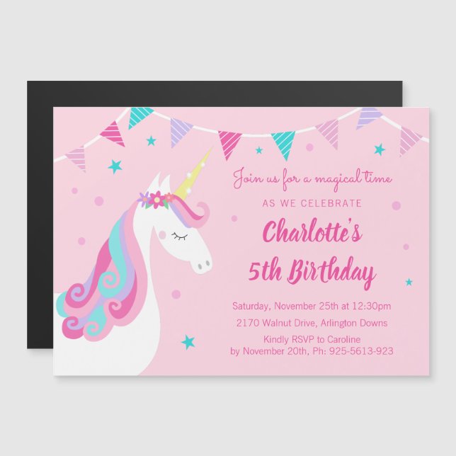 Whimsical Rainbow Unicorn PInk 5th Birthday Party Magnetic Invitation (Front/Back)