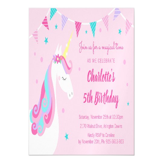 Whimsical Rainbow Unicorn Pink 5th Birthday Party Magnetic Invitation Zazzle Com Au