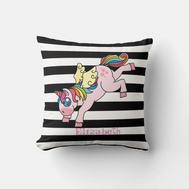 Whimsical Rainbow Unicorn, Striped Cushion (Front)