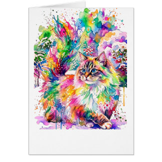 Whimsical Rainbow Watercolor Fluffy Cat in Winter 