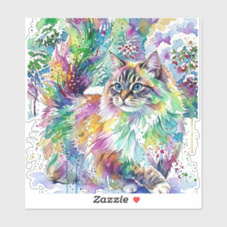 Whimsical Rainbow Watercolor Fluffy Cat in Winter