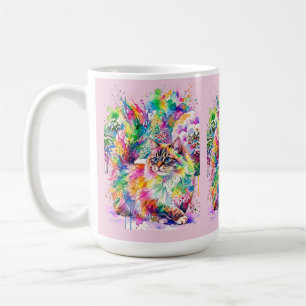 Whimsical Rainbow Watercolor Fluffy Cat in Winter Coffee Mug