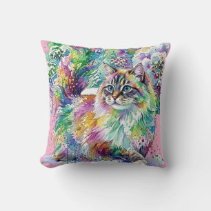 Whimsical Rainbow Watercolor Fluffy Cat in Winter  Cushion