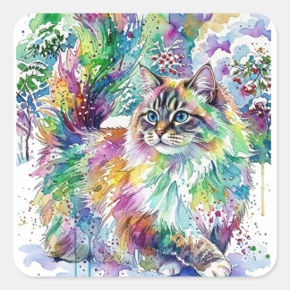 Whimsical Rainbow Watercolor Fluffy Cat in Winter  Square Sticker