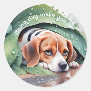 Whimsical Rainy Day Leaf Cover Beagle Classic Round Sticker