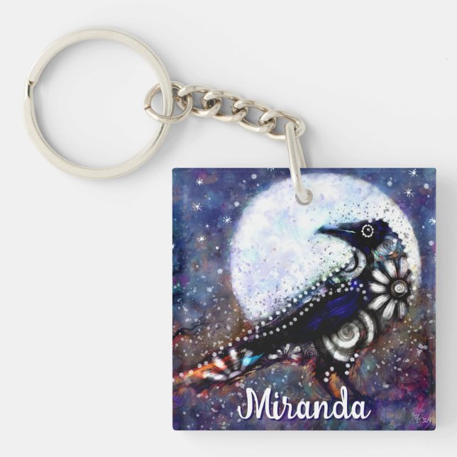 Whimsical Raven Moon Floral Abstract Personalised Key Ring (Front)