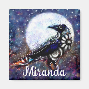 Whimsical Raven Moon Floral Abstract Personalised Magnet