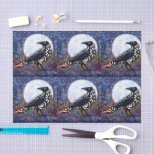 Whimsical Raven Moon Floral Black Decoupage Tissue Paper