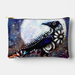 Whimsical Raven Moon Floral Black White Blue Accessory Pouch