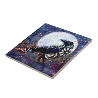 Whimsical Raven Moon Floral Black White Blue Ceramic Tile