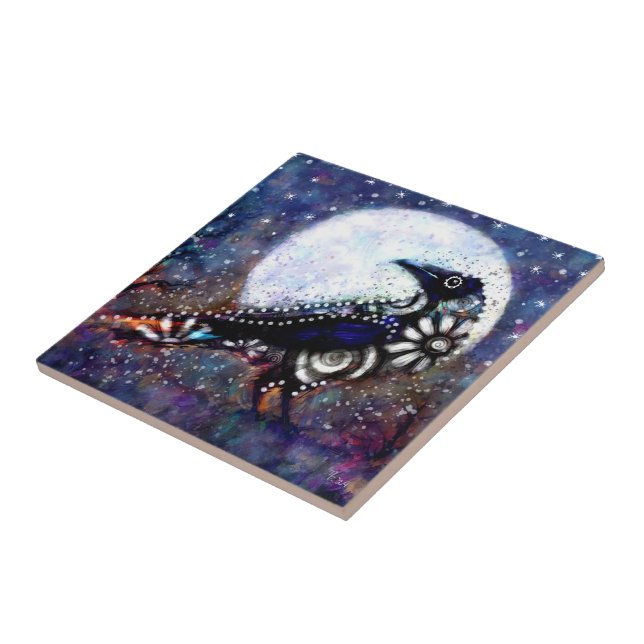 Whimsical Raven Moon Floral Black White Blue Ceramic Tile (Side)