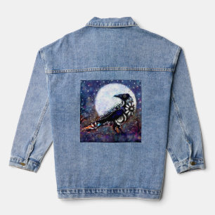 Whimsical Raven Moon Floral Black White Blue Denim Jacket