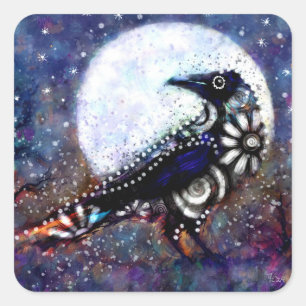 Whimsical Raven Moon Floral Black White Blue Square Sticker