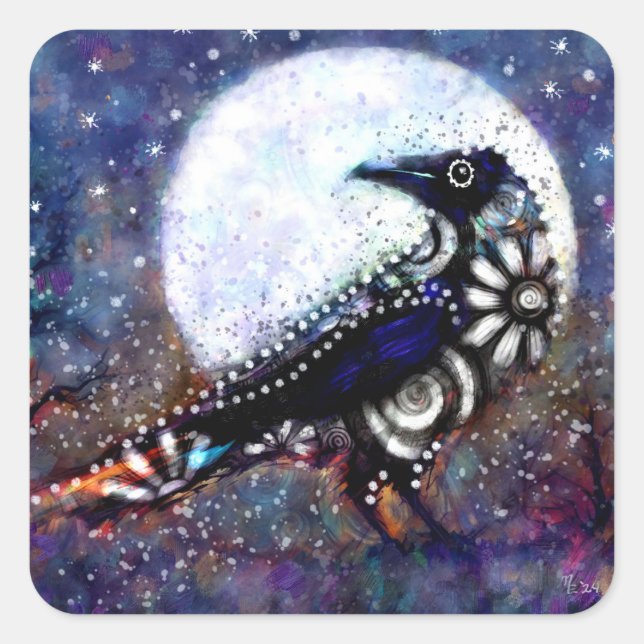 Whimsical Raven Moon Floral Black White Blue Square Sticker (Front)