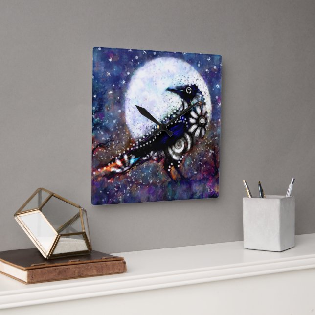 Whimsical Raven Moon Floral Black White Blue Square Wall Clock (Office)