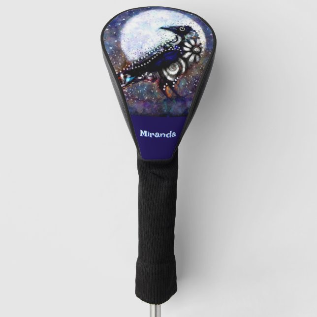 Whimsical Raven Moon Floral Personalised Golf Head Cover (Front)