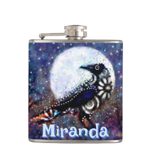 Whimsical Raven Moon Floral Personalised Hip Flask