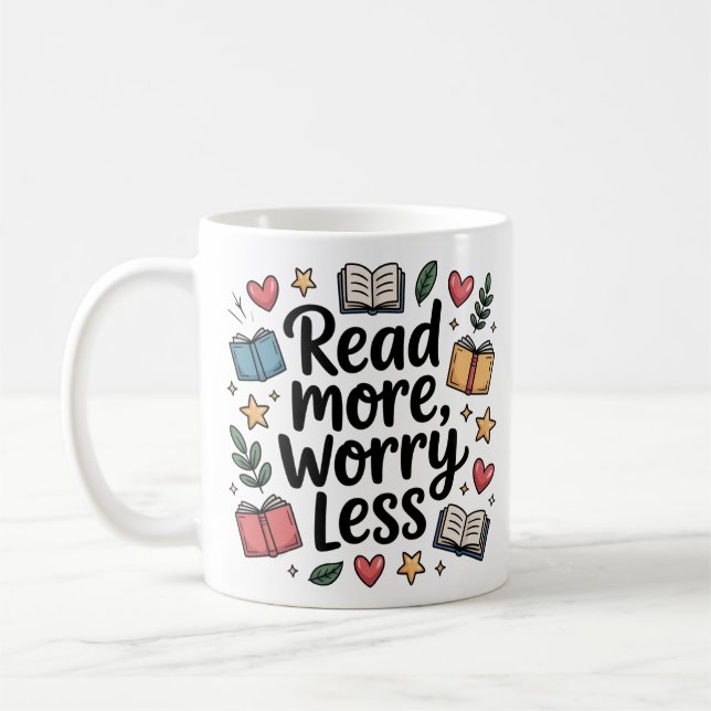 Whimsical Read More Worry Less Doodle Book Lover Coffee Mug (Left)