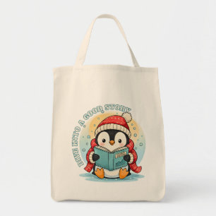 Whimsical Reading Penguin Eco Friendly Grocery Tote Bag