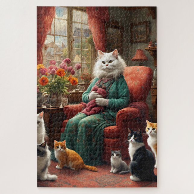 Whimsical Realistic Mama Cat & Kittens Jigsaw Puzzle (Vertical)