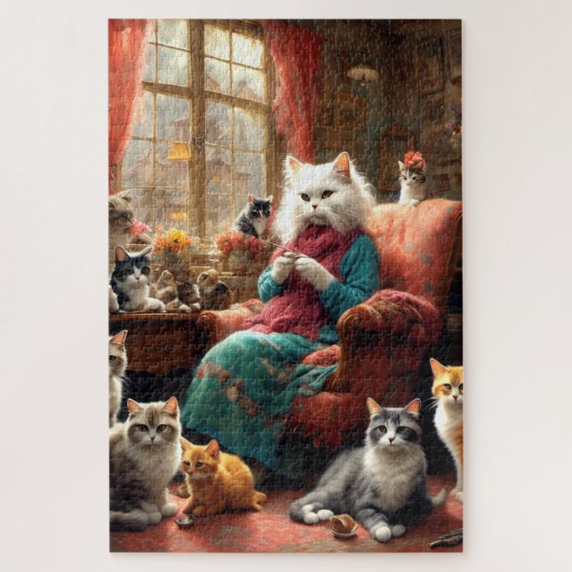Whimsical Realistic Mama Cat & Kittens Jigsaw Puzzle (Vertical)