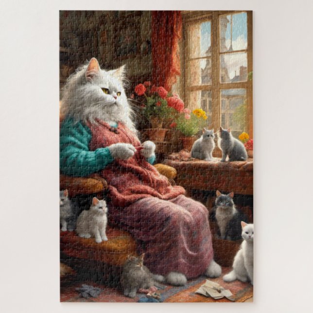 Whimsical Realistic Mama Cat & Kittens Jigsaw Puzzle (Vertical)