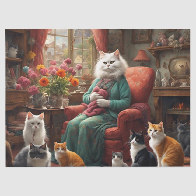 Whimsical Realistic Mama Cat & Kittens  Tissue Paper (Front)
