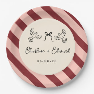 Whimsical Red and Blush Pink Striped Wedding  Paper Plate