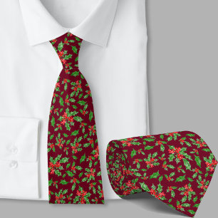 Whimsical Red and Green Holly Pattern Christmas Tie