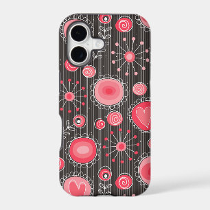 Whimsical red and grey hearts and flowers floral