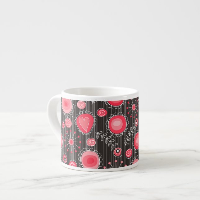 Whimsical red and grey hearts and flowers floral espresso cup (Front Left)
