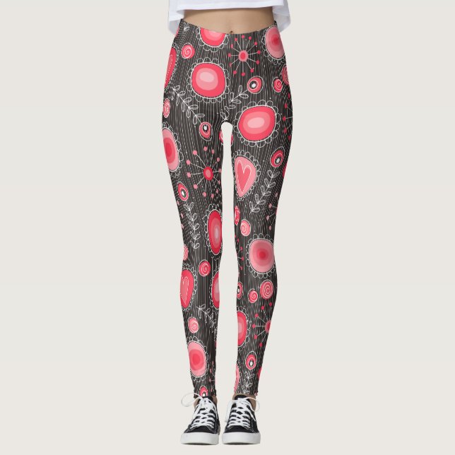 Whimsical red and grey hearts and flowers floral leggings (Front)