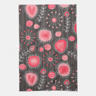 Whimsical red and grey hearts and flowers floral tea towel