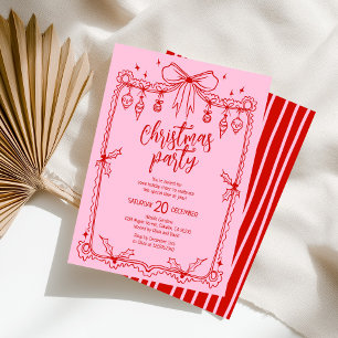 Whimsical Red and Pink Hand Drawn Christmas Party Invitation