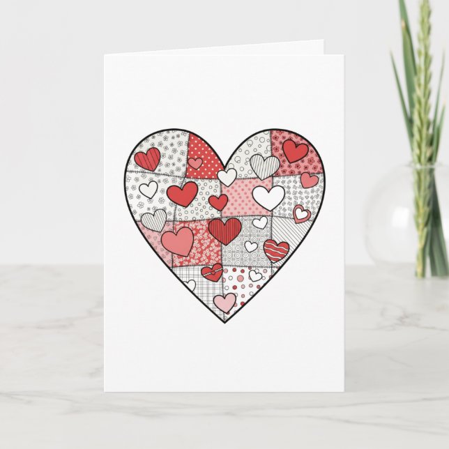 Whimsical Red and Pink Patchwork Heart Collage Art Card (Front)