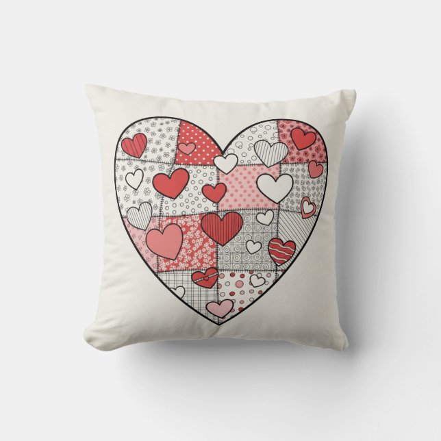 Whimsical Red and Pink Patchwork Heart Collage Art Cushion (Front)