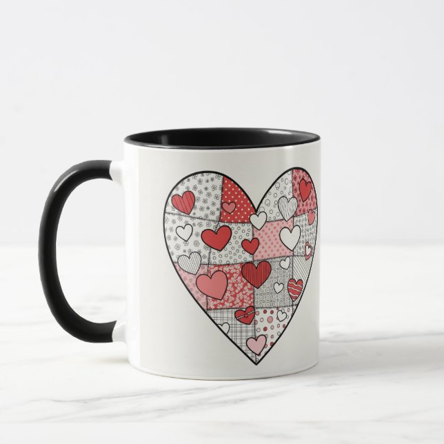 Whimsical Red and Pink Patchwork Heart Collage Art Mug (Left)
