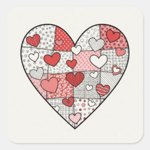 Whimsical Red and Pink Patchwork Heart Collage Art Square Sticker