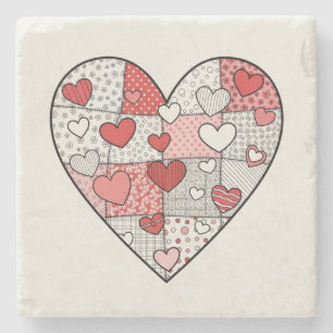 Whimsical Red and Pink Patchwork Heart Collage Art Stone Coaster