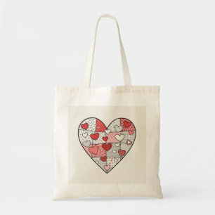 Whimsical Red and Pink Patchwork Heart Collage Art Tote Bag